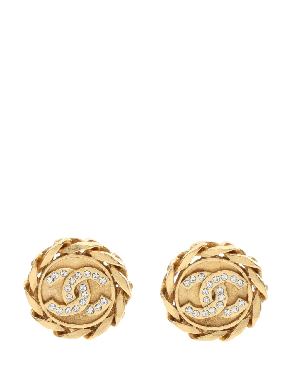 CHANEL Pre-Owned 1980-1990 CC Gold Plated Rhinestone Round Clip On earrings - Oro