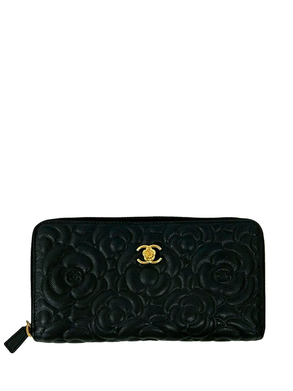 CHANEL Pre-Owned 2016-2017 CC Embossed Caviar Camellia Zip Around Wallet long wallets - Nero