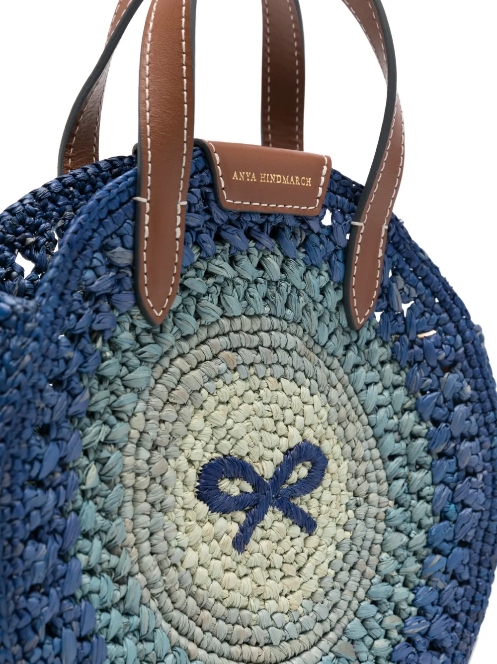 Anya Hindmarch Small Round Bow Raffia Tote Bag in Blue, view 4