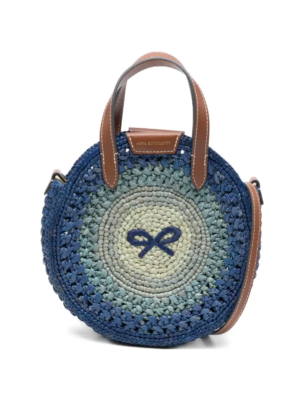 Anya Hindmarch Small Round Bow Raffia Tote Bag in Blue