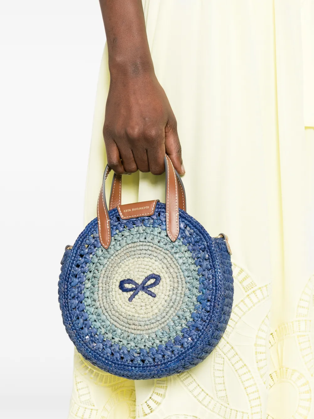 Anya Hindmarch Small Round Bow Raffia Tote Bag in Blue, view 2