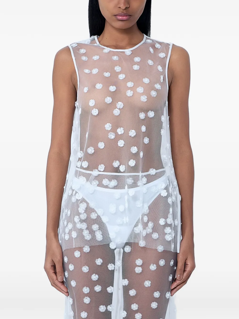 Cecilie Bahnsen Sheer overlay dress with embroidered floral patterns.Sleeveless designRound necklineFloral embroidery - Bianco