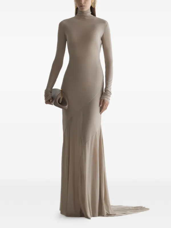 Mugler Turtleneck Jersey Gown in Neutrals