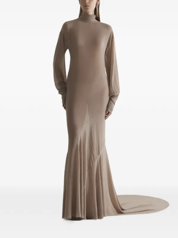 Mugler Turtleneck Sheer Gown in Neutrals