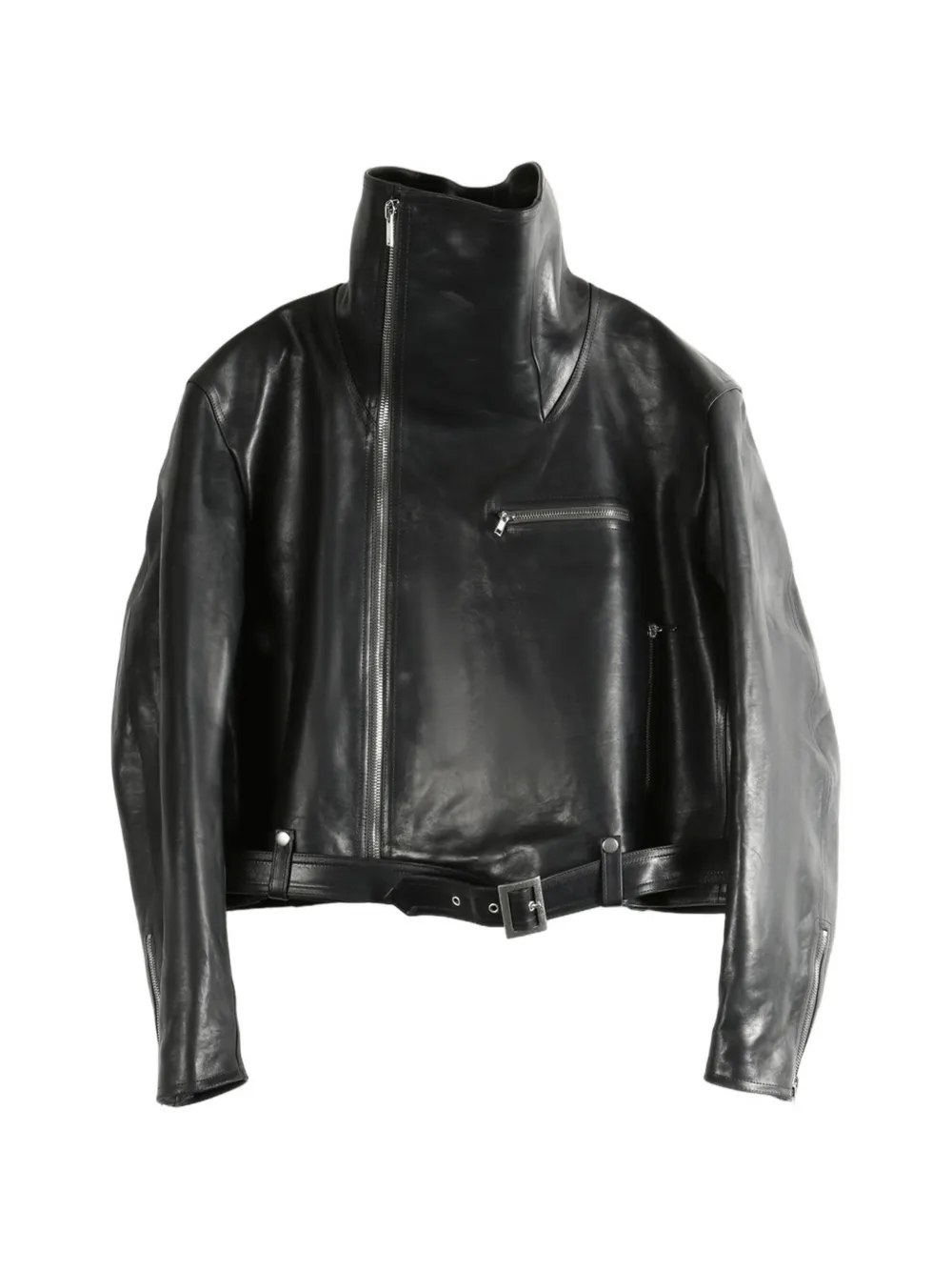 Rick Owens Funnel-neck Belted Biker Jacket In Black