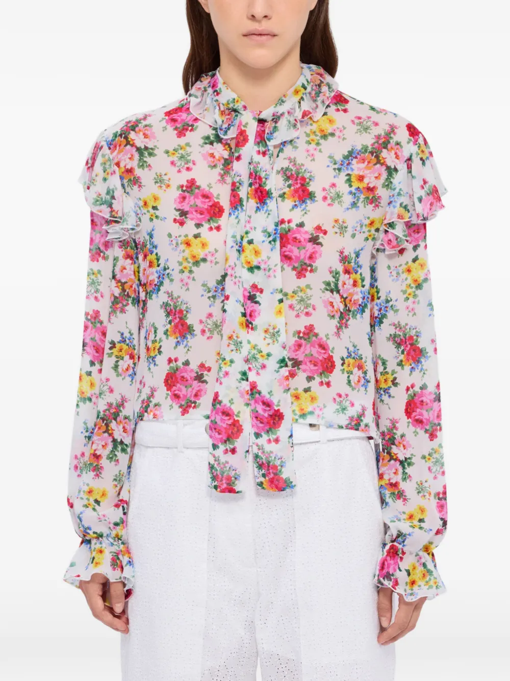  Msgm Floral-print Ruffled-detail Blouse - White 