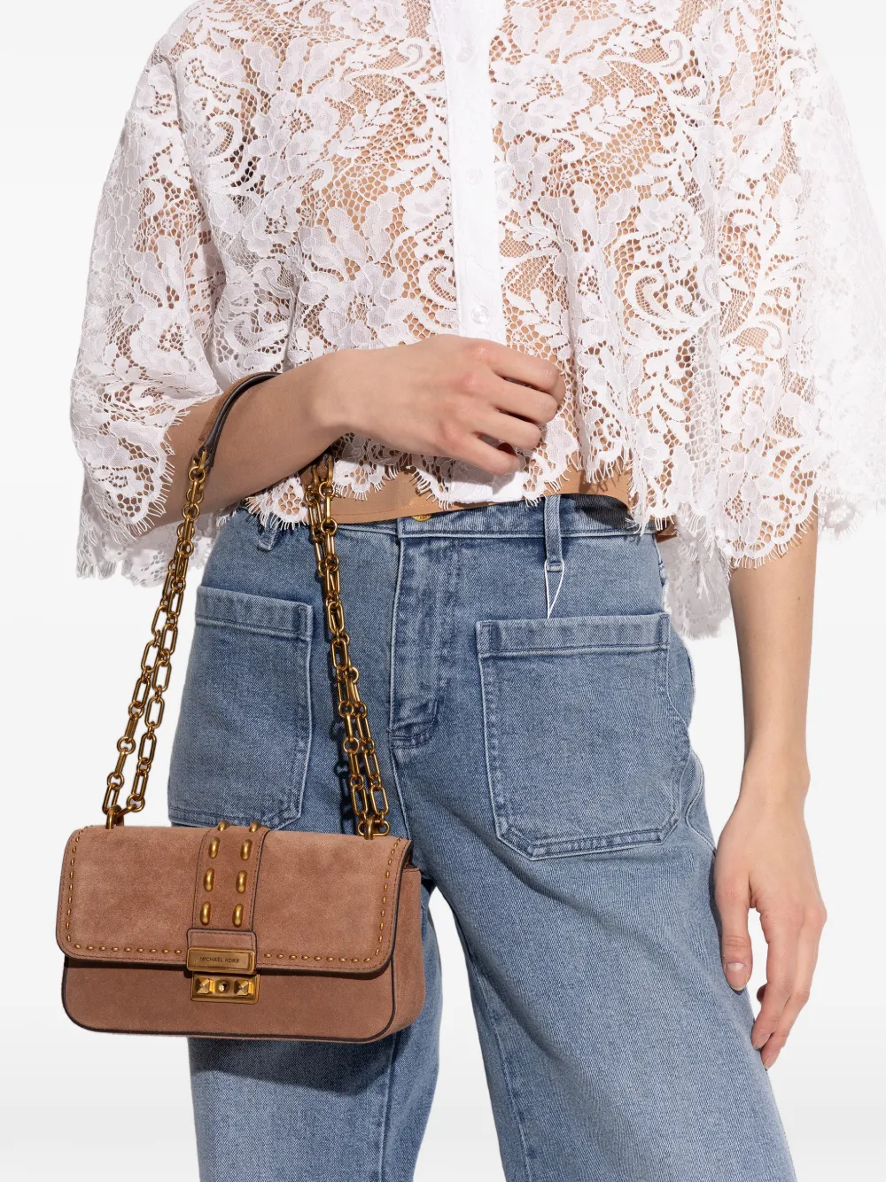 Michael Kors Tribeca leren schoudertas met kettinghengsel en studs Beige