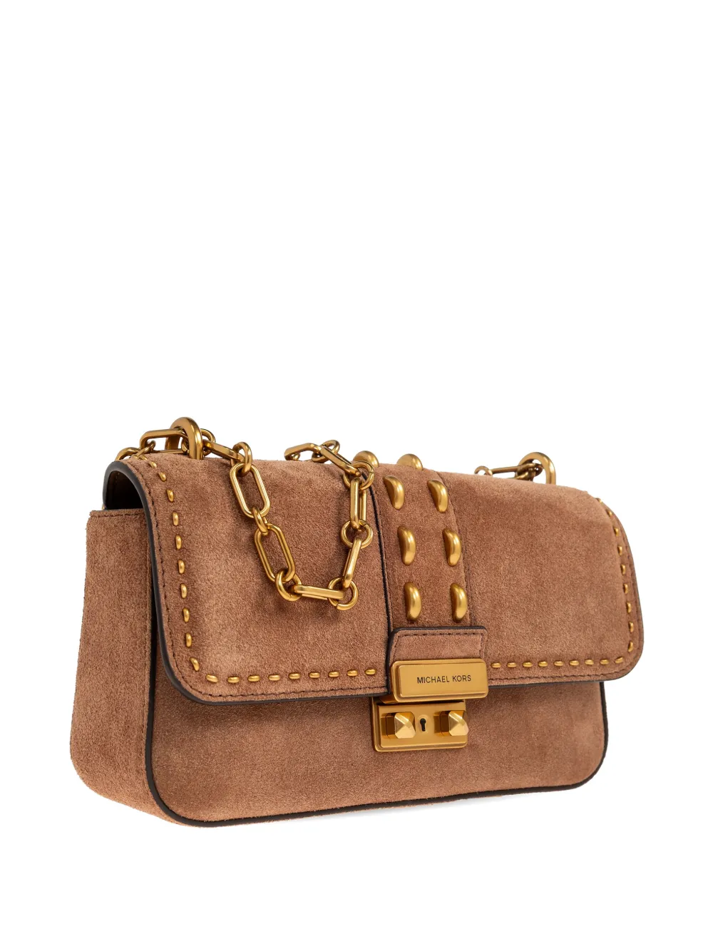 Michael Kors Tribeca leren schoudertas met kettinghengsel en studs Beige