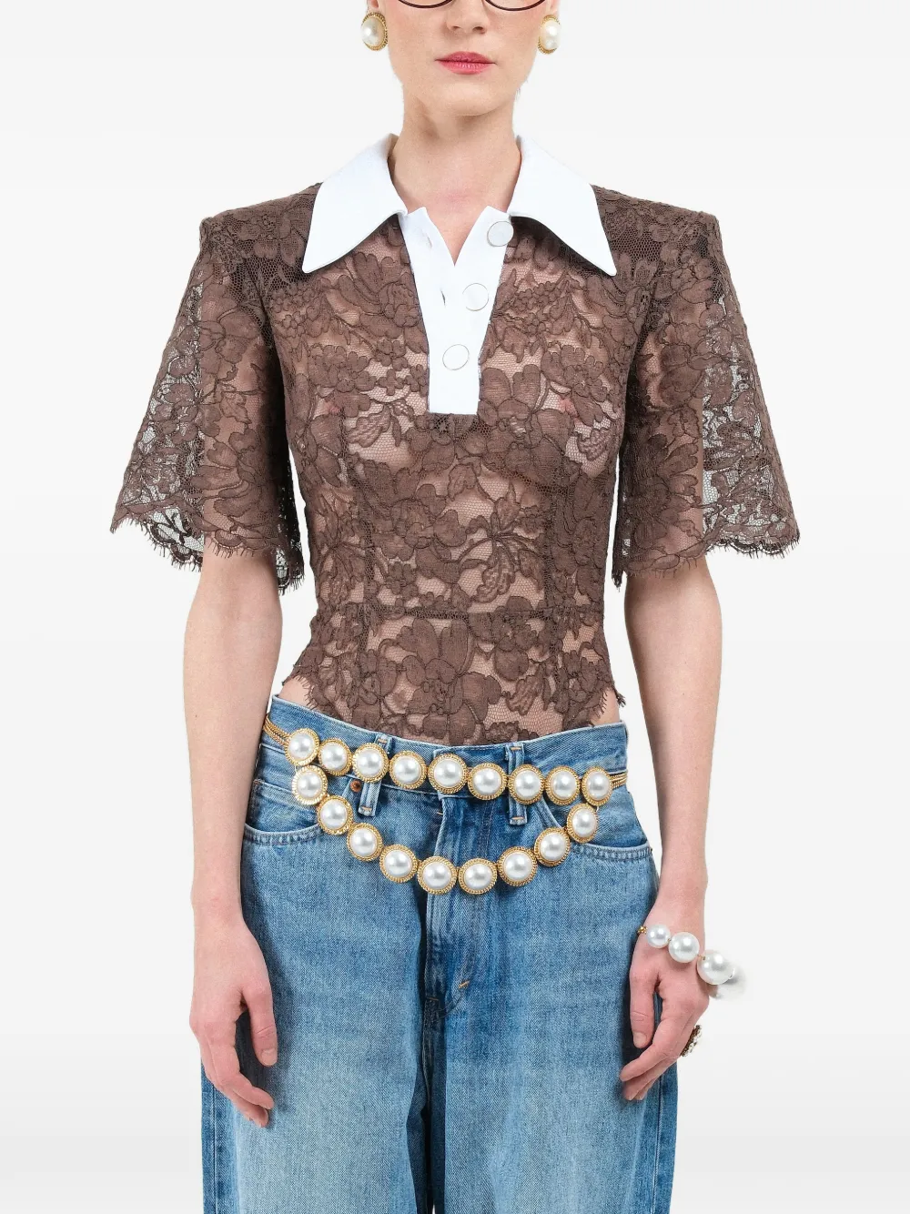 Rowen Rose lace short-sleeves polo shirt - Marrone