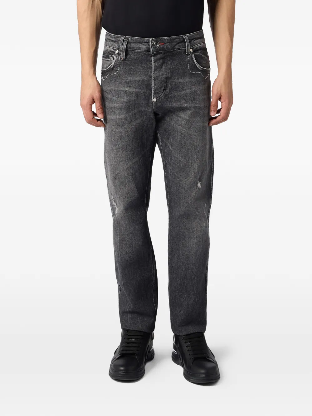 Philipp Plein Straight jeans met contrasterend stiksel Grijs