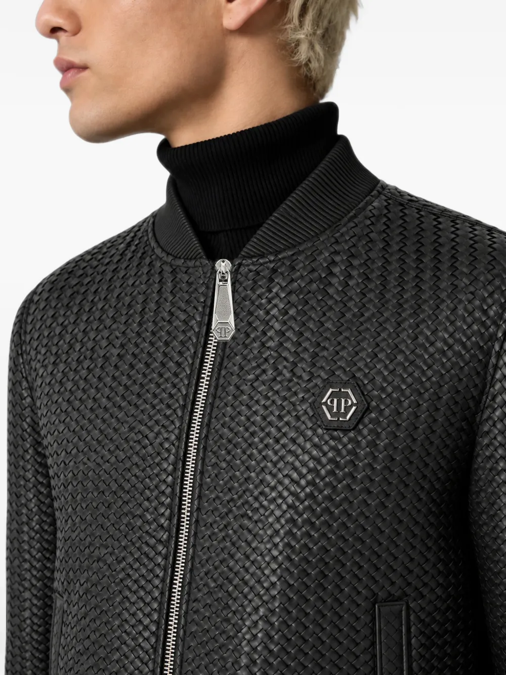 Philipp Plein weaved leather bomber jacket Zwart