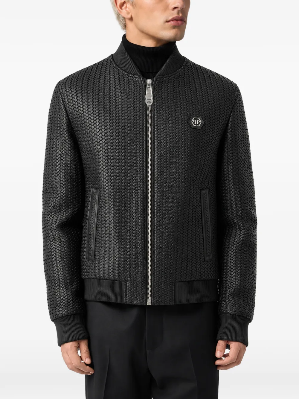 Philipp Plein weaved leather bomber jacket Zwart