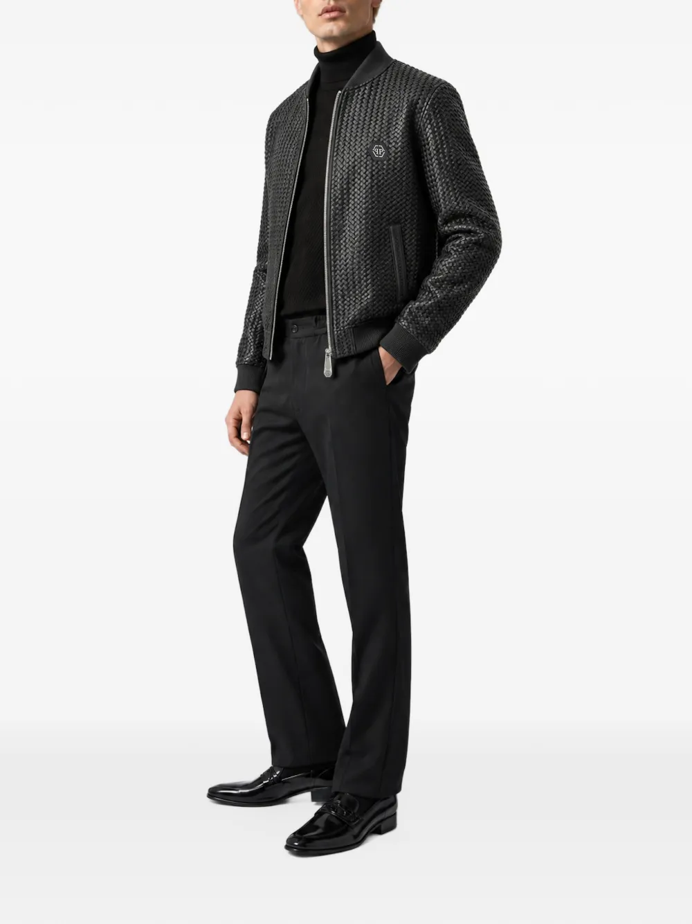 Philipp Plein weaved leather bomber jacket Zwart