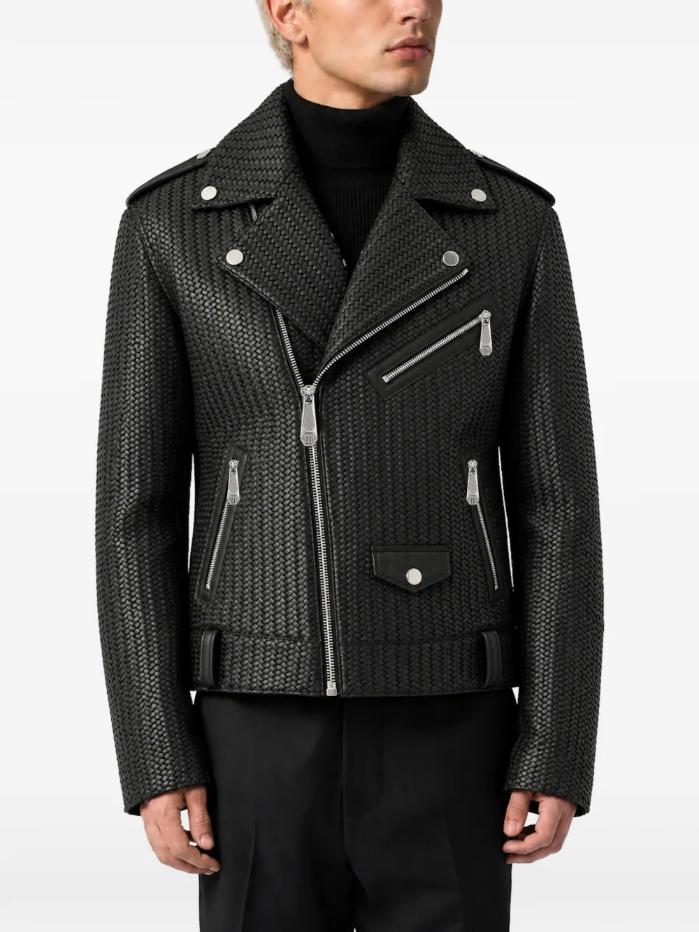 Philipp Plein weaved leather biker jacket Zwart