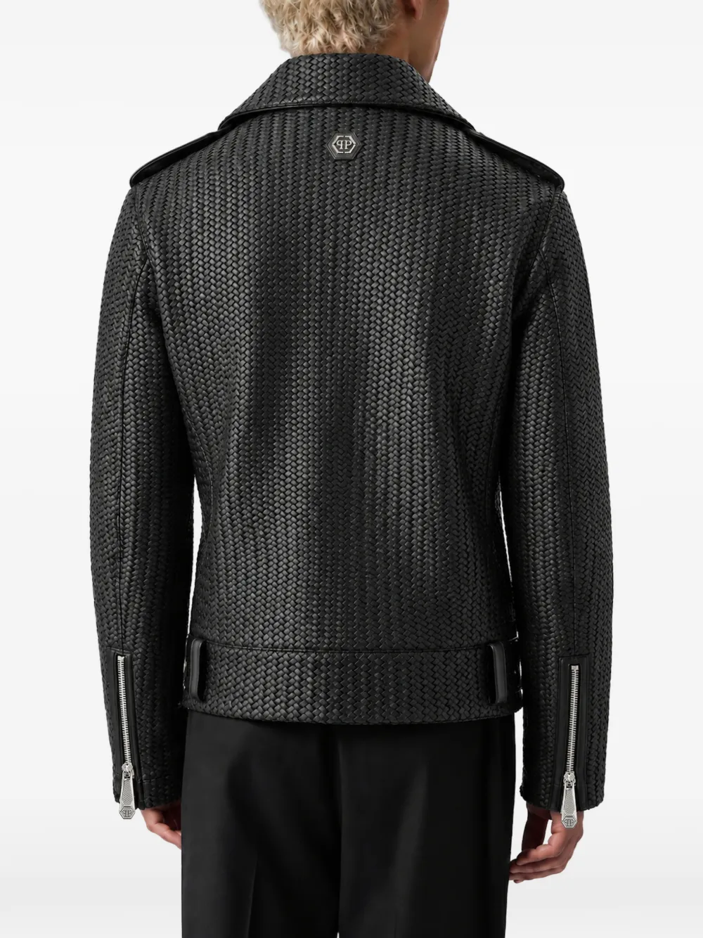 Philipp Plein weaved leather biker jacket Zwart