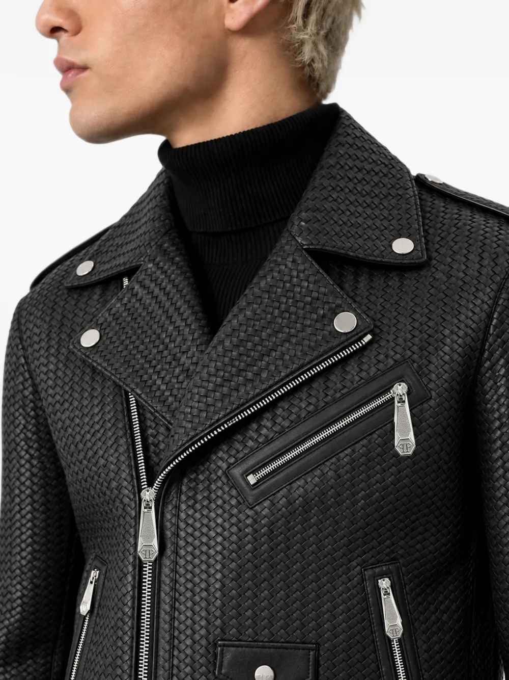 Philipp Plein weaved leather biker jacket Zwart