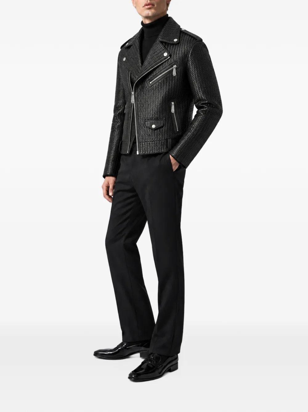 Philipp Plein weaved leather biker jacket Zwart