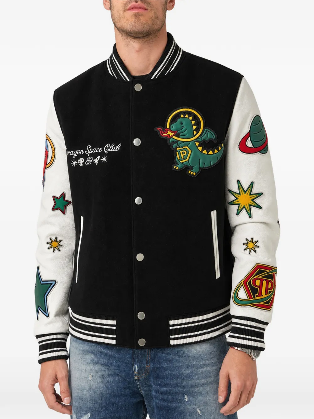 Philipp Plein College bomberjack met patch Zwart