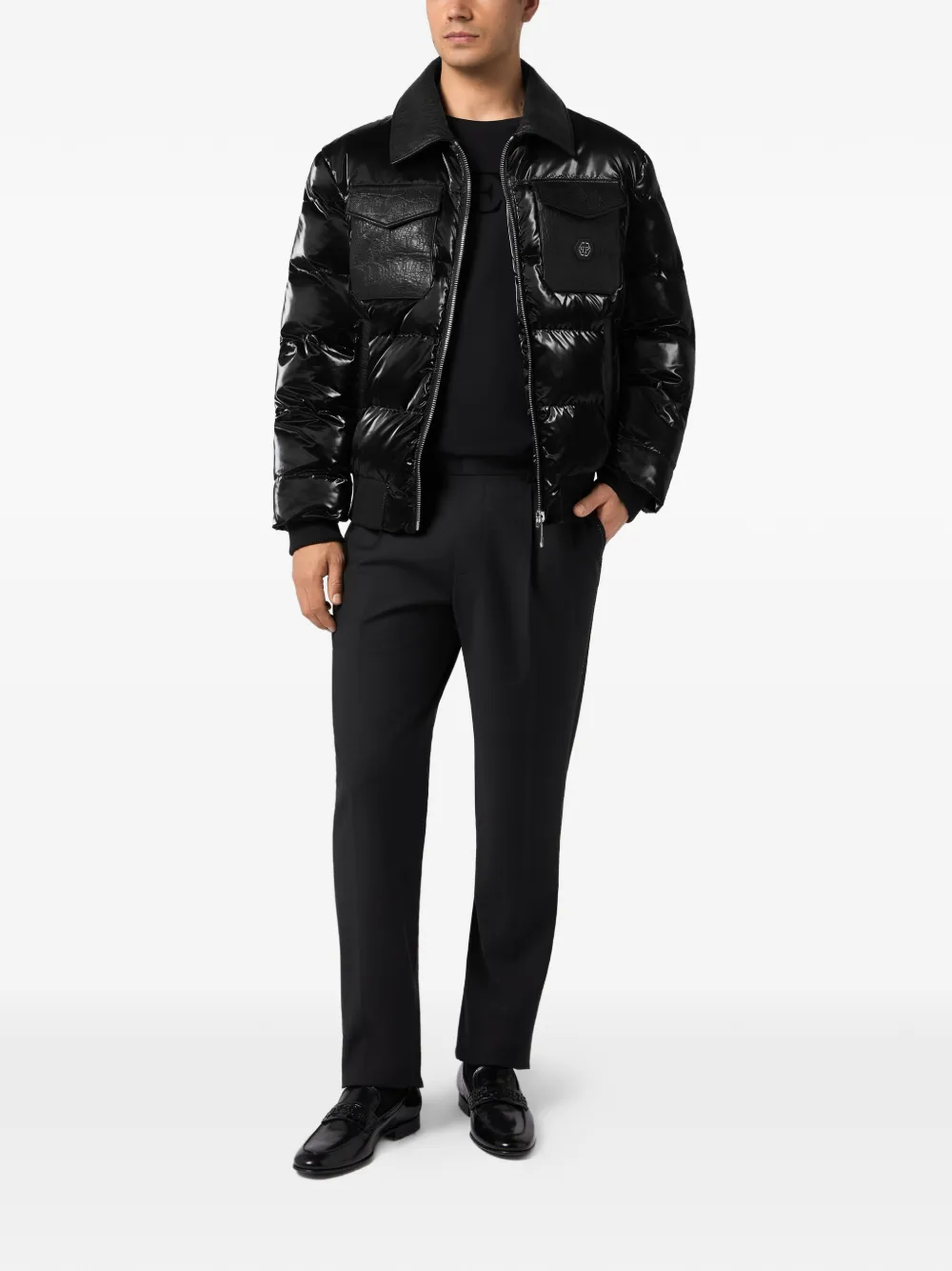 Philipp Plein Donsjack met krokodillen-reliëf Zwart