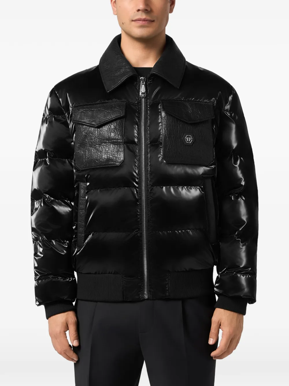 Philipp Plein Donsjack met krokodillen-reliëf Zwart