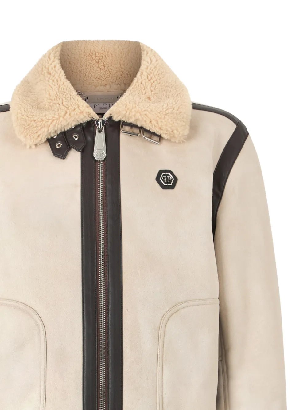 Philipp Plein Jack met vlakken en afwerking van imitatielamswol Beige