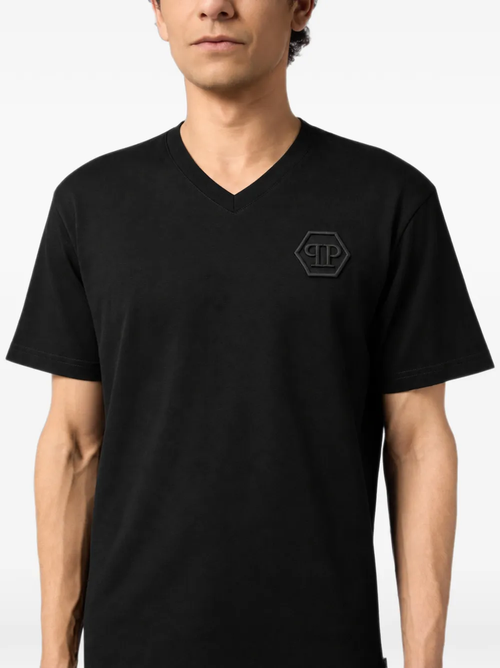 Philipp Plein V-neck T-shirt embroidery Hexagon Zwart
