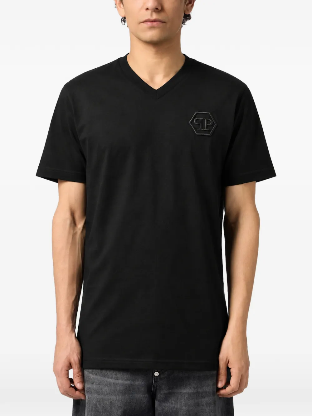 Philipp Plein V-neck T-shirt embroidery Hexagon Zwart