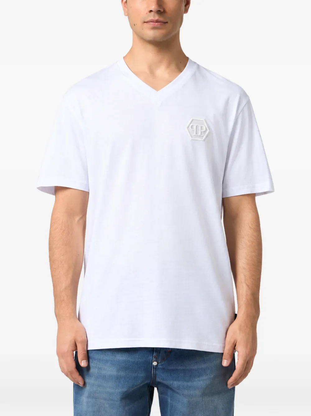 Philipp Plein V-neck T-shirt embroidery Hexagon Wit