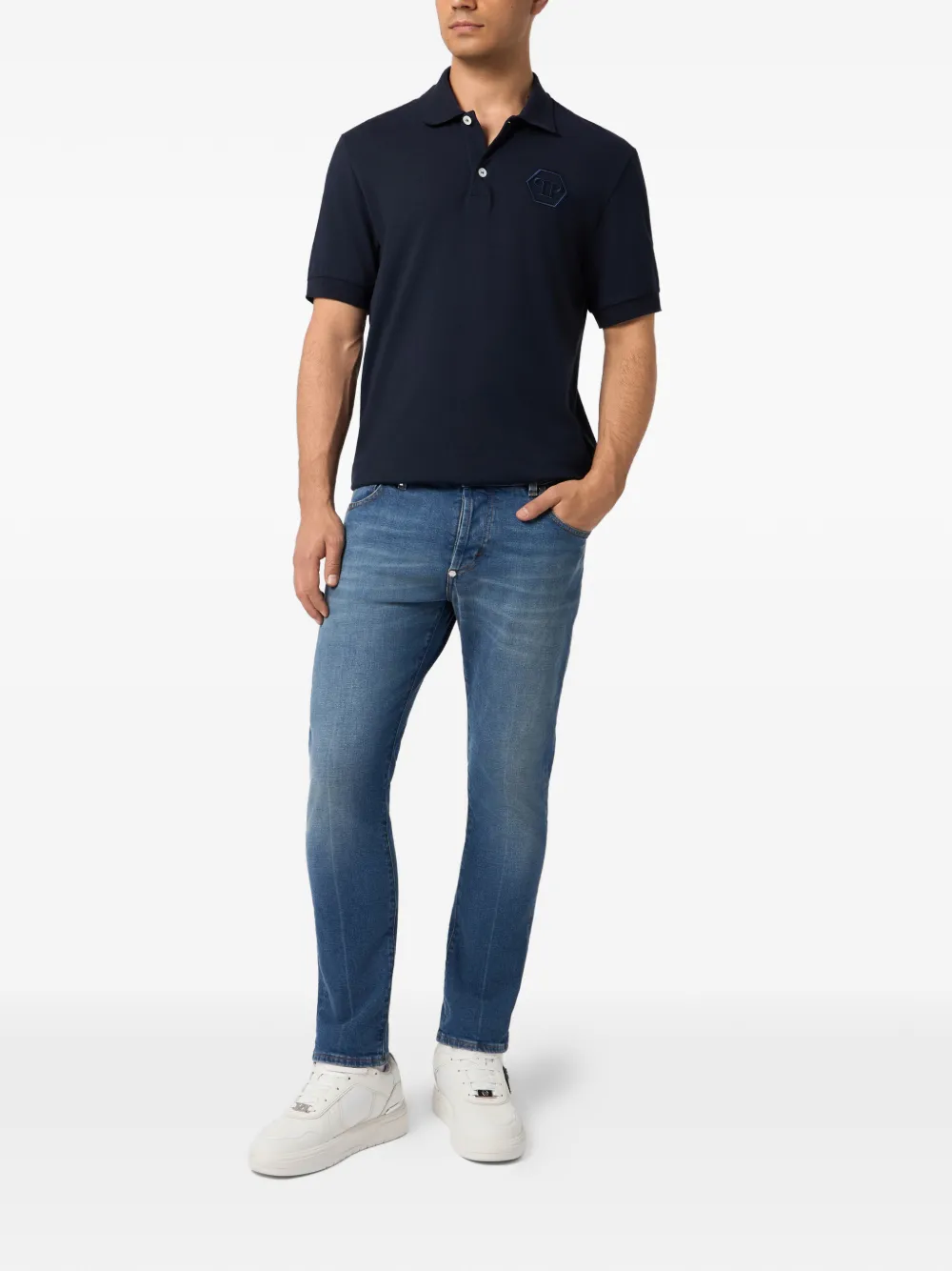 Philipp Plein Poloshirt met geborduurde zeshoekige streep Blauw