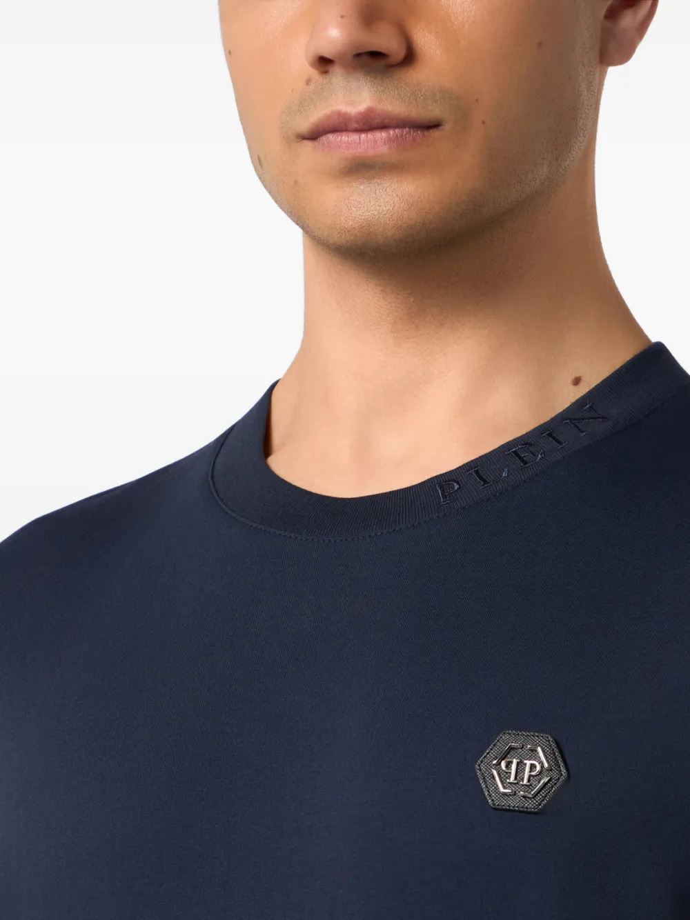 Philipp Plein T-shirt met geborduurde hals en logoplakkaat Blauw