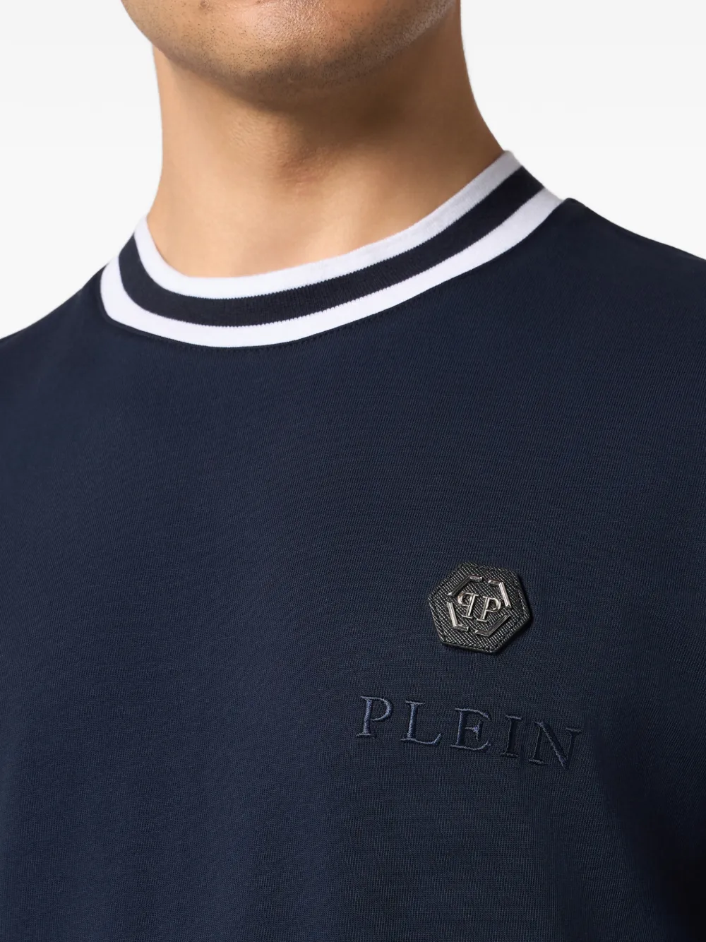 Philipp Plein T-shirt met logoplakkaat en gestreepte afwerking Blauw