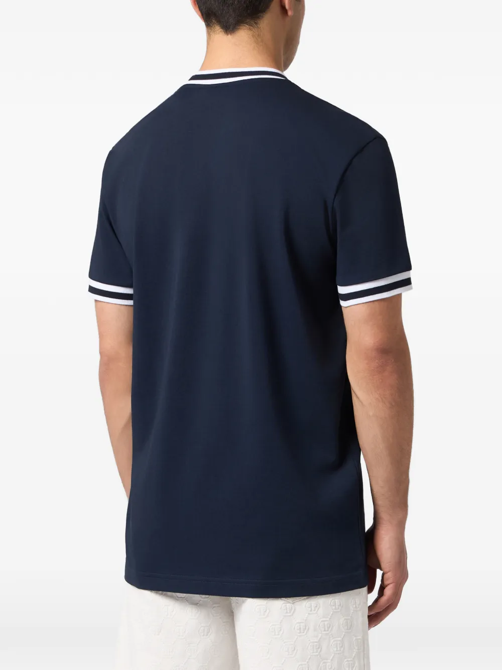 Philipp Plein T-shirt met logoplakkaat en gestreepte afwerking Blauw