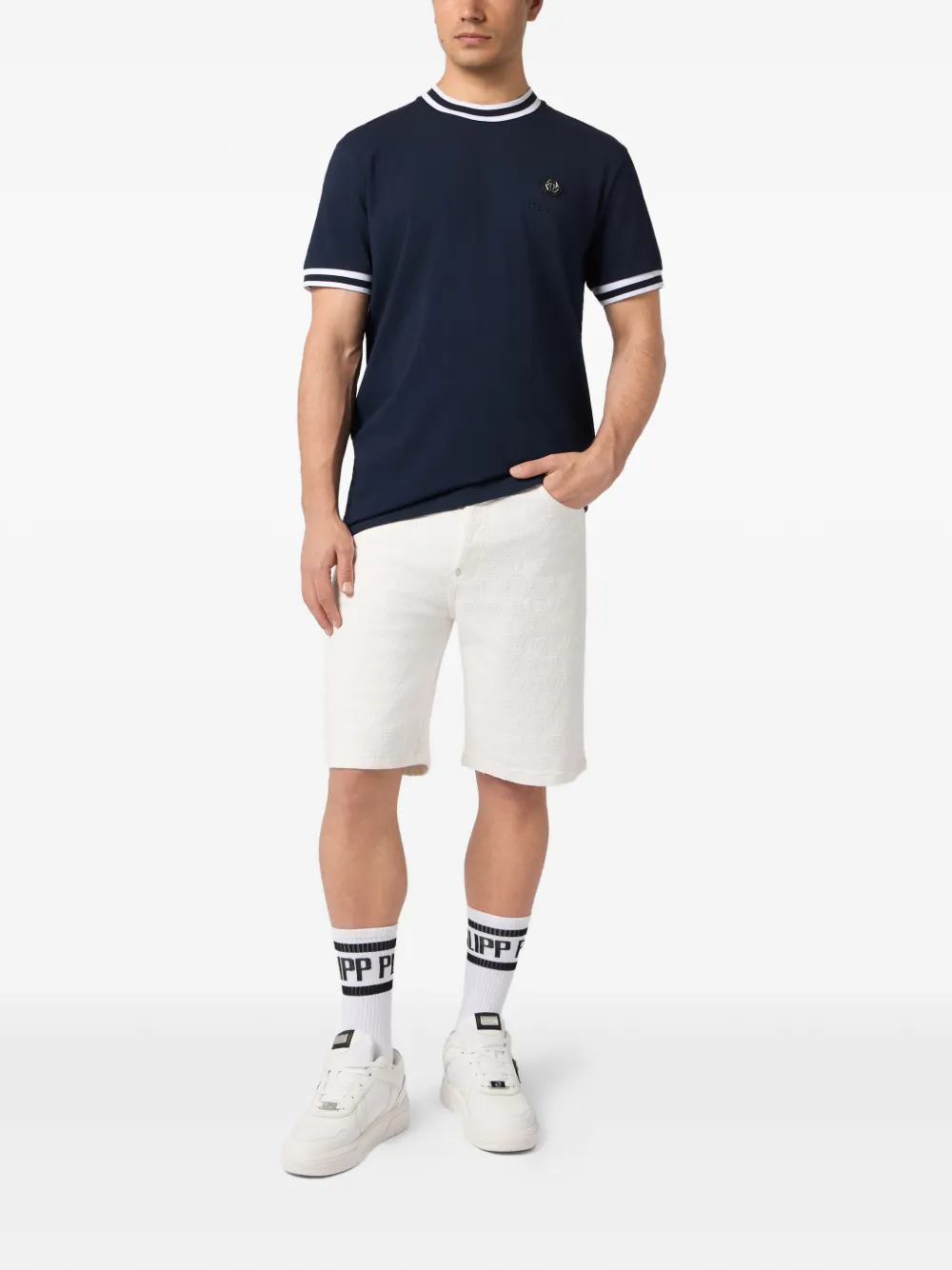 Philipp Plein T-shirt met logoplakkaat en gestreepte afwerking Blauw