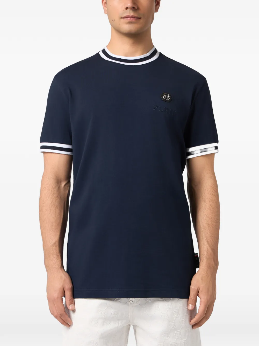 Philipp Plein T-shirt met logoplakkaat en gestreepte afwerking Blauw