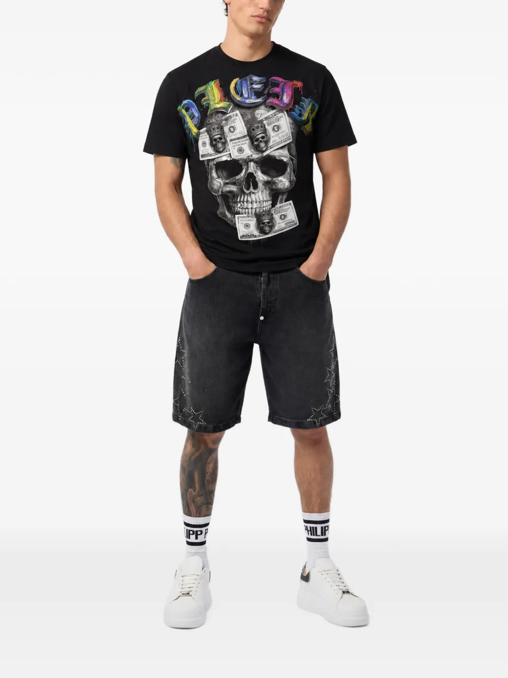 Philipp Plein round-neck T-shirt front Skull Dollar Zwart