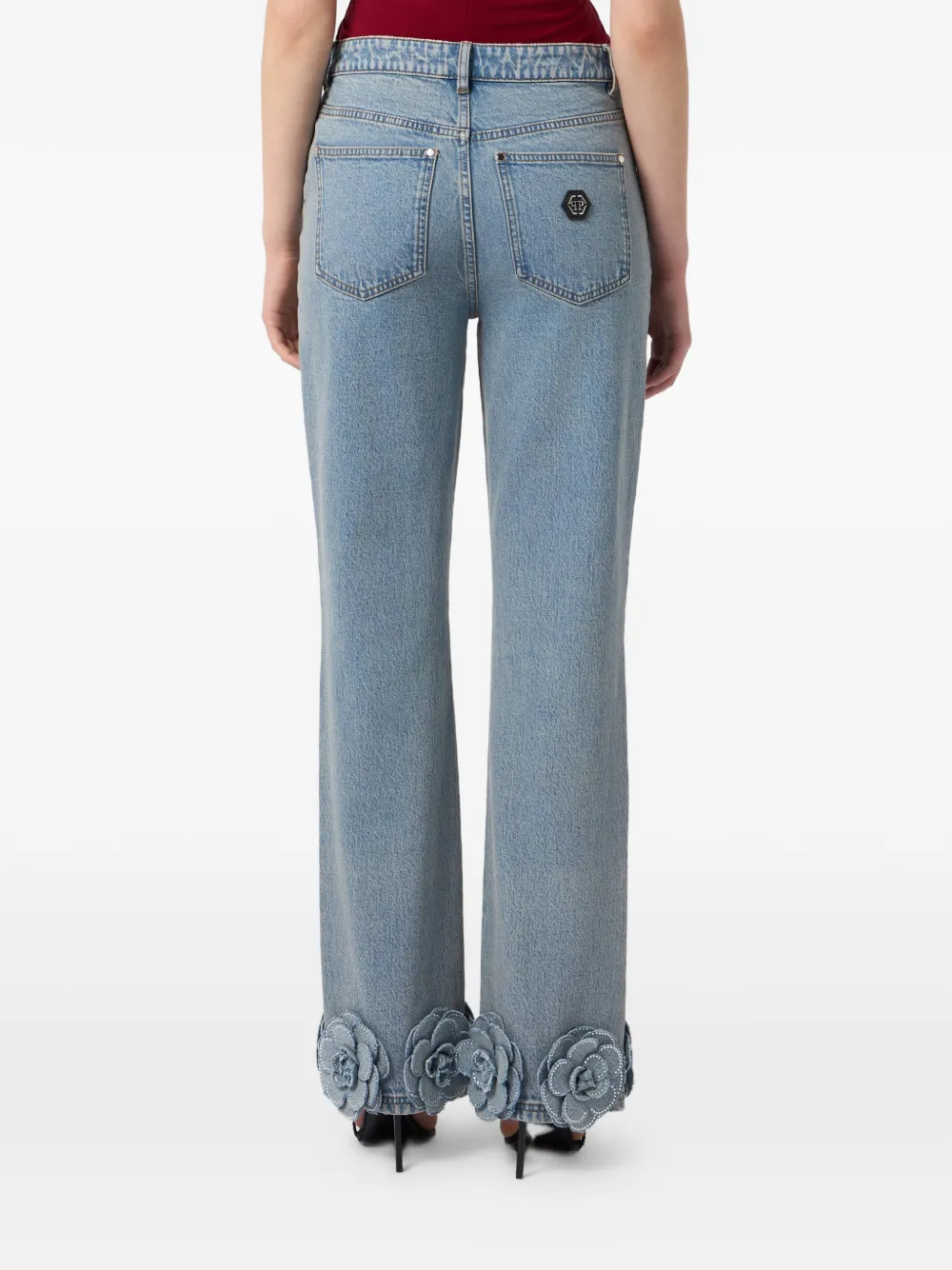 Philipp Plein Jeans verfraaid met stras en bloemapplicatie Blauw
