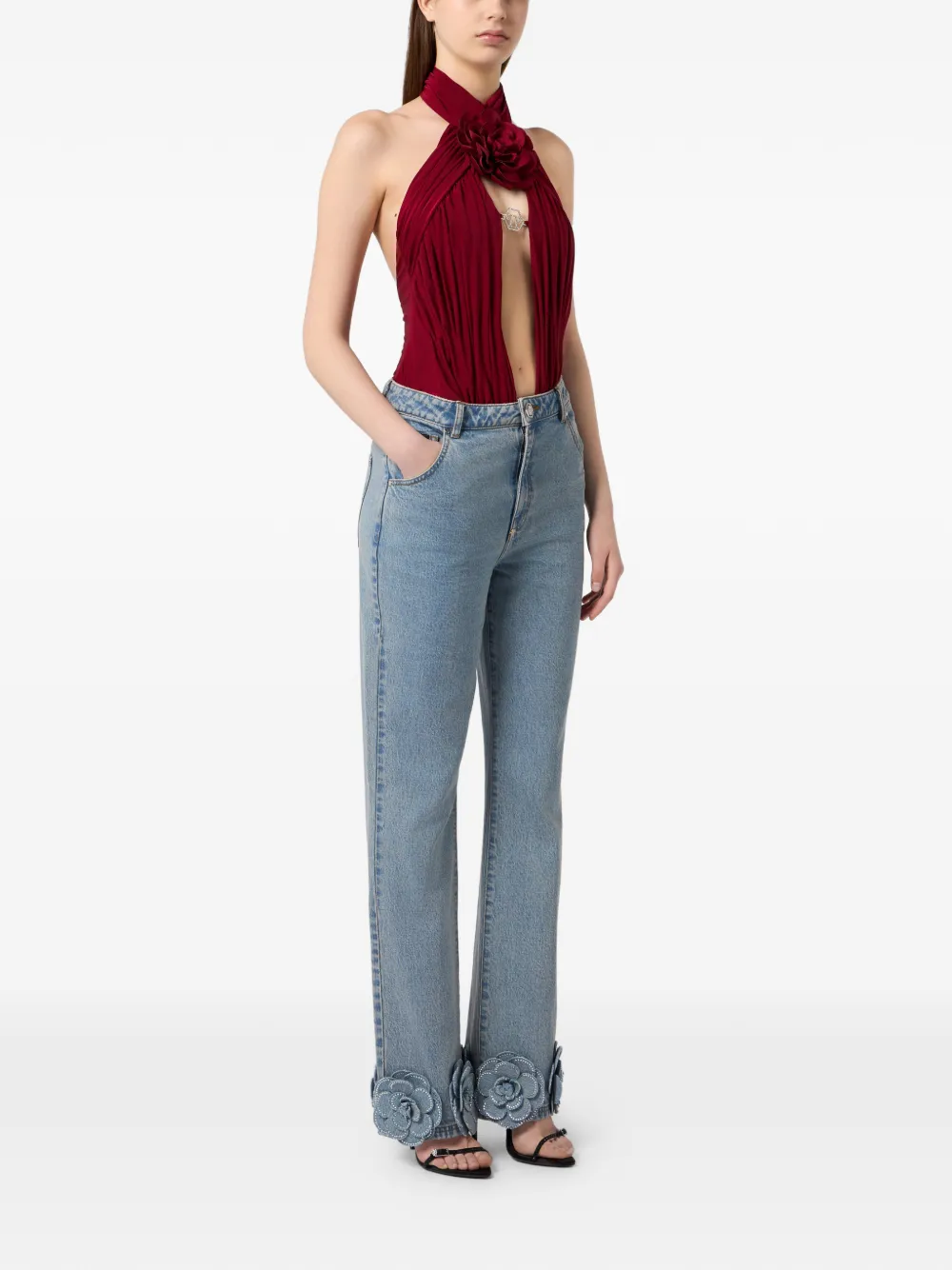 Philipp Plein Jeans verfraaid met stras en bloemapplicatie Blauw