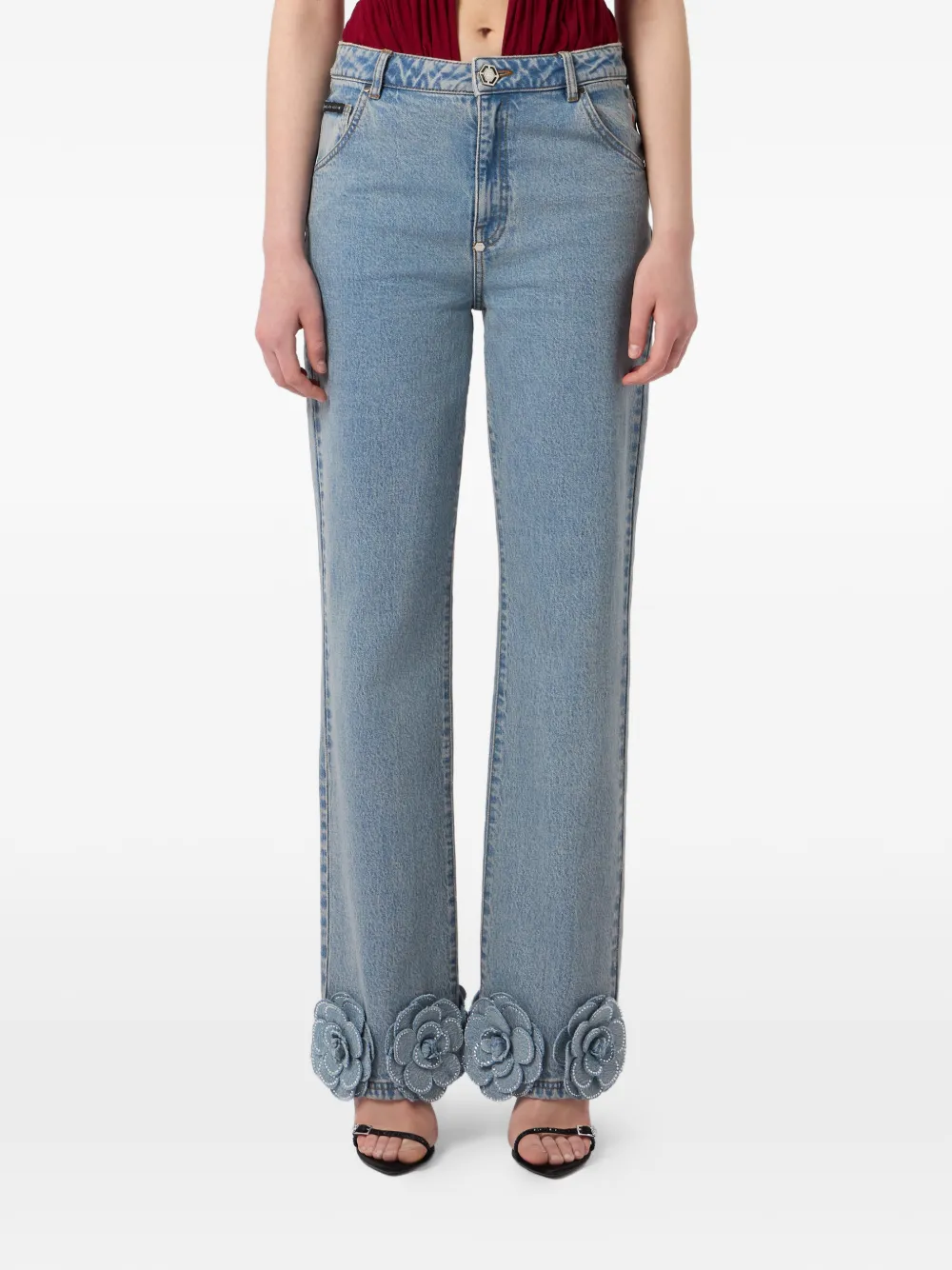 Philipp Plein Jeans verfraaid met stras en bloemapplicatie Blauw