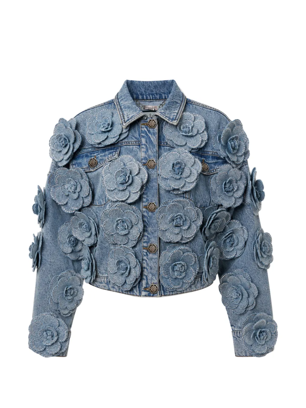 Philipp Plein cropped denim jacket all-over roses - Nero