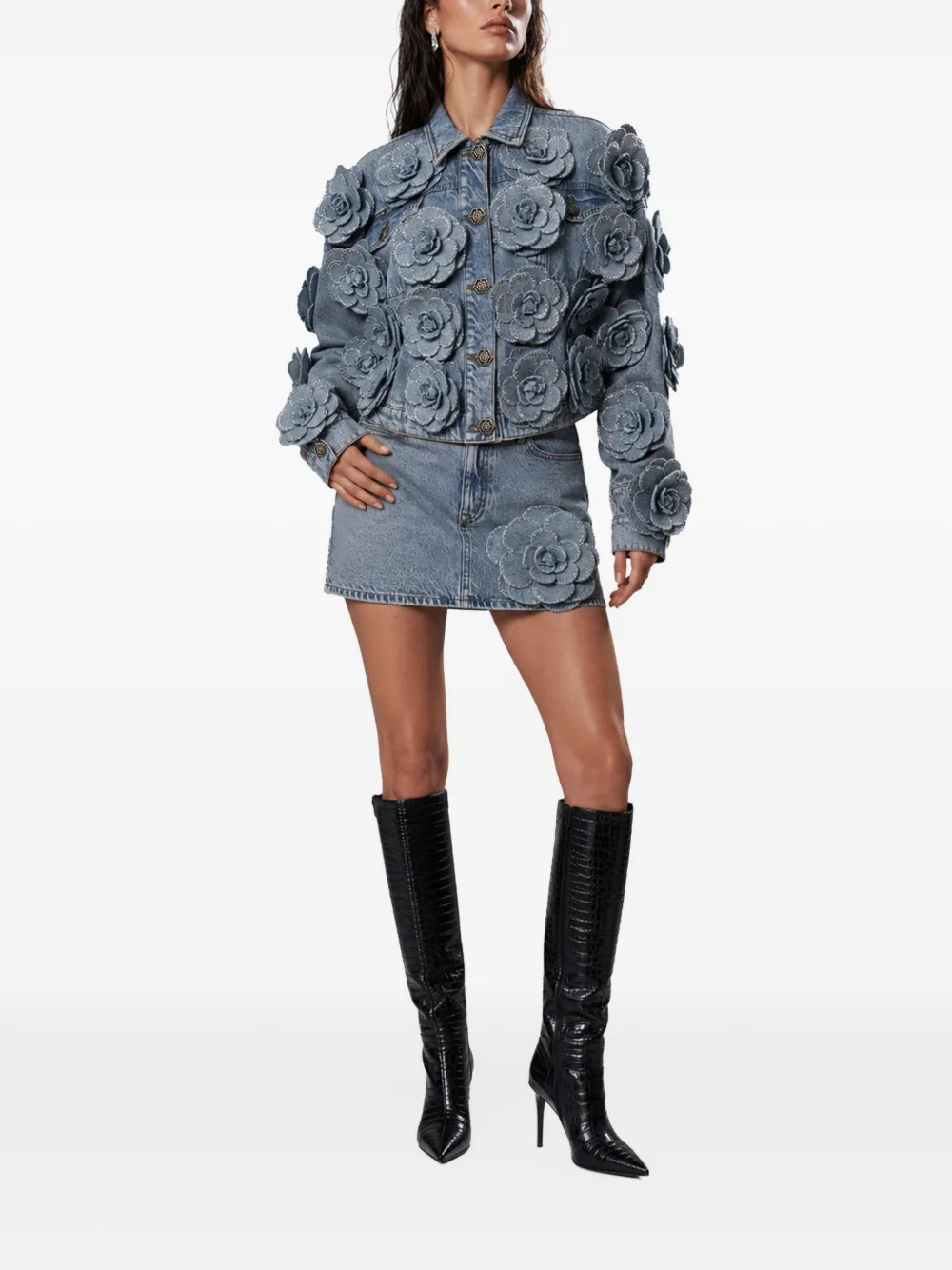 Philipp Plein Cropped denim jack met rozen Blauw