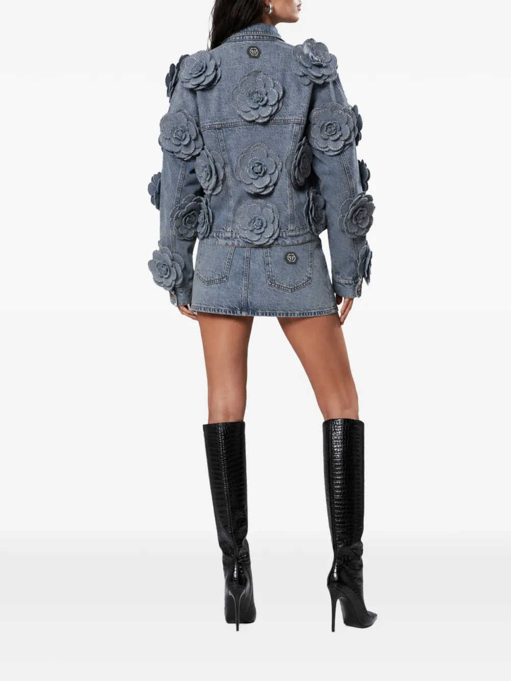 Philipp Plein Cropped denim jack met rozen Blauw