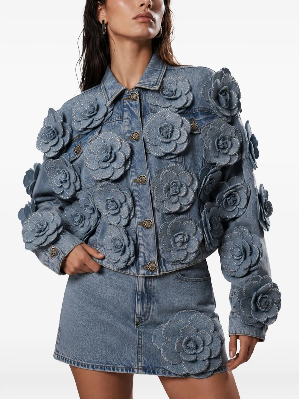 Philipp Plein Cropped denim jack met rozen Blauw