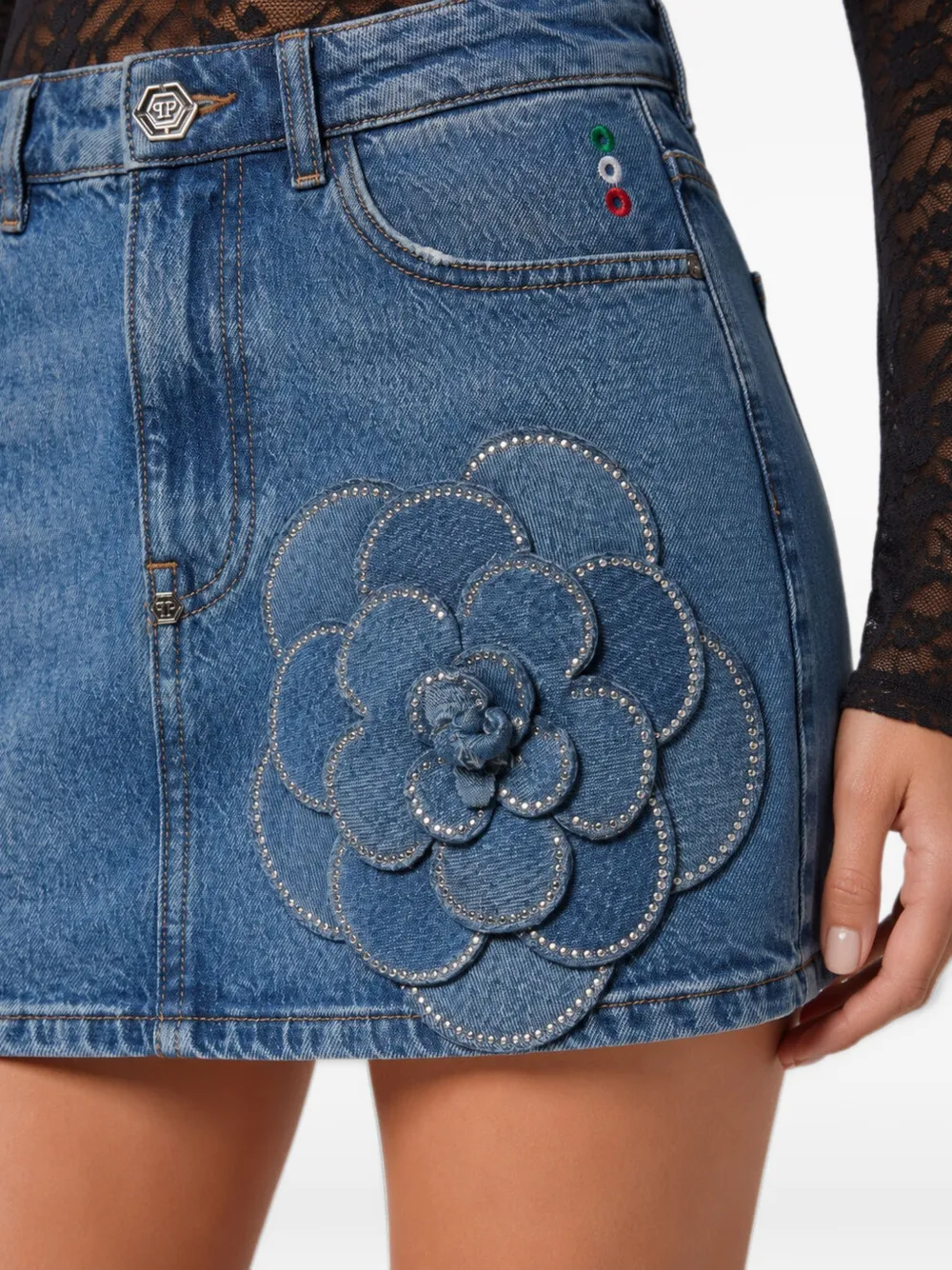 Philipp Plein Denim mini-rok met rozenstras Blauw