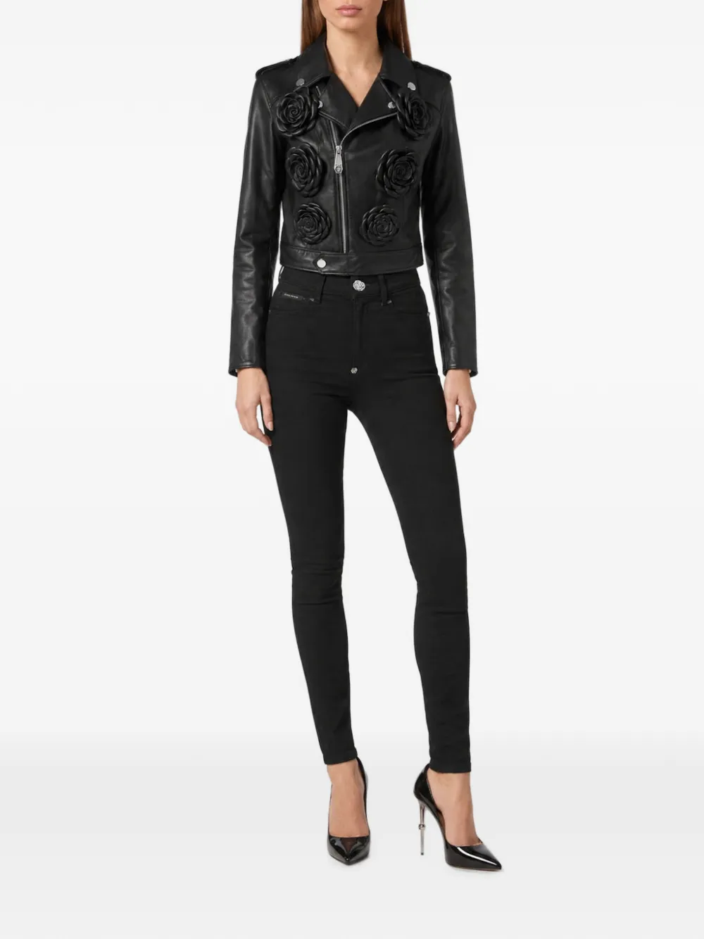 Philipp Plein Cropped bikerjack met bloem Zwart