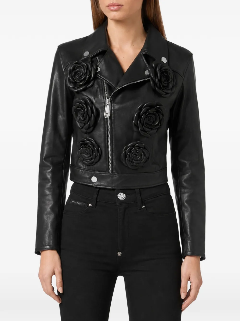 Philipp Plein Cropped bikerjack met bloem Zwart