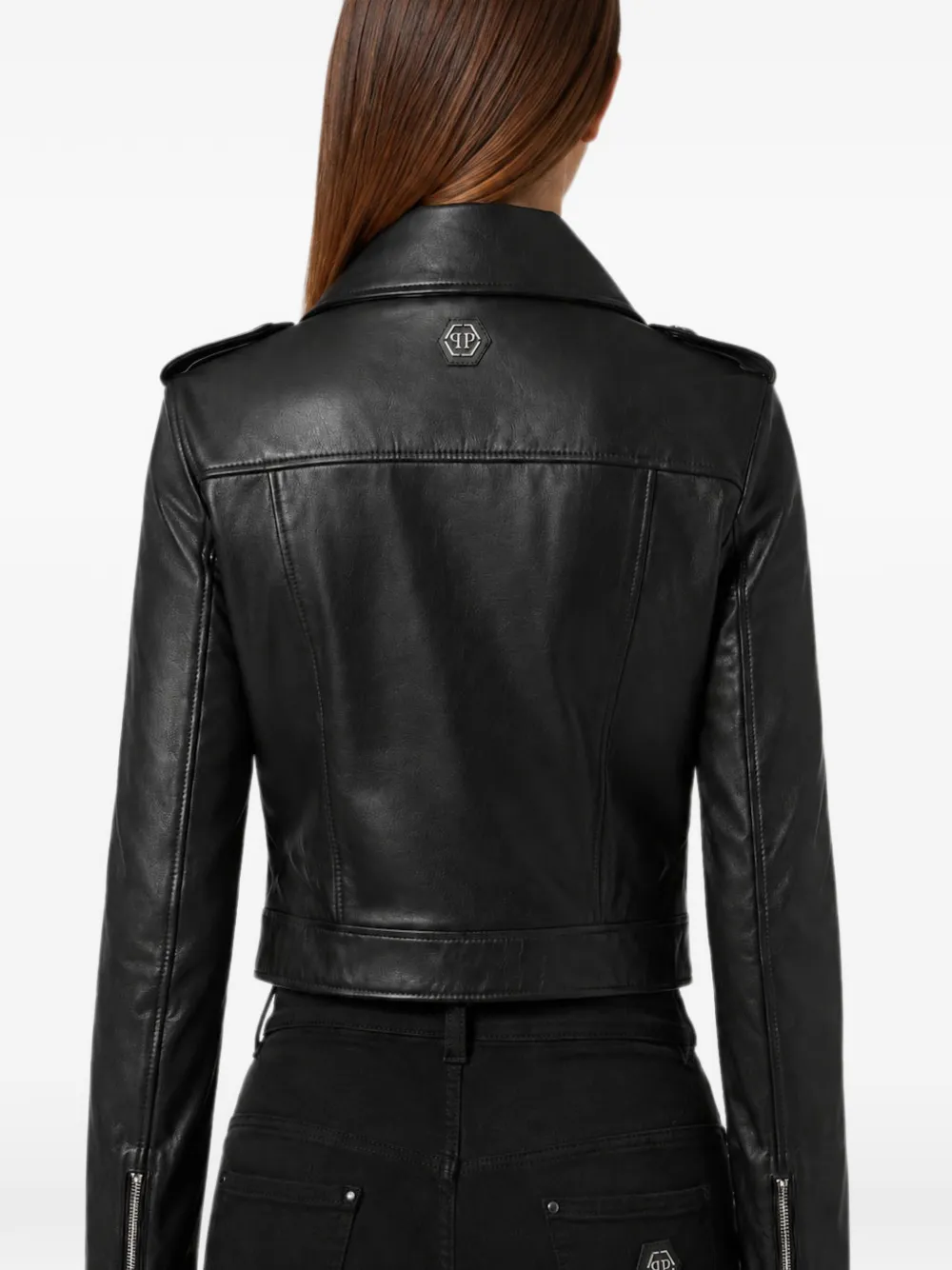 Philipp Plein Cropped bikerjack met bloem Zwart