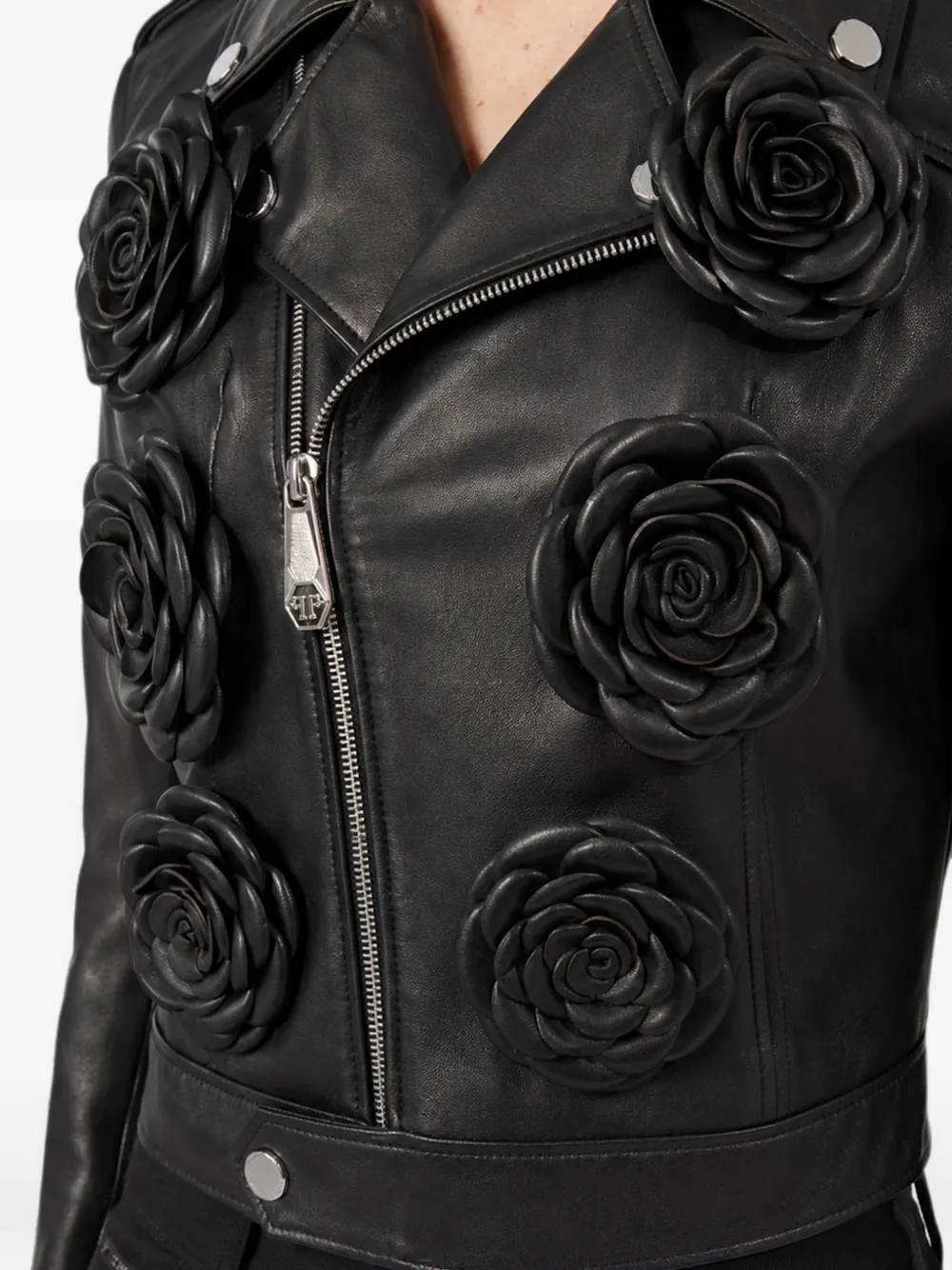 Philipp Plein Cropped bikerjack met bloem Zwart