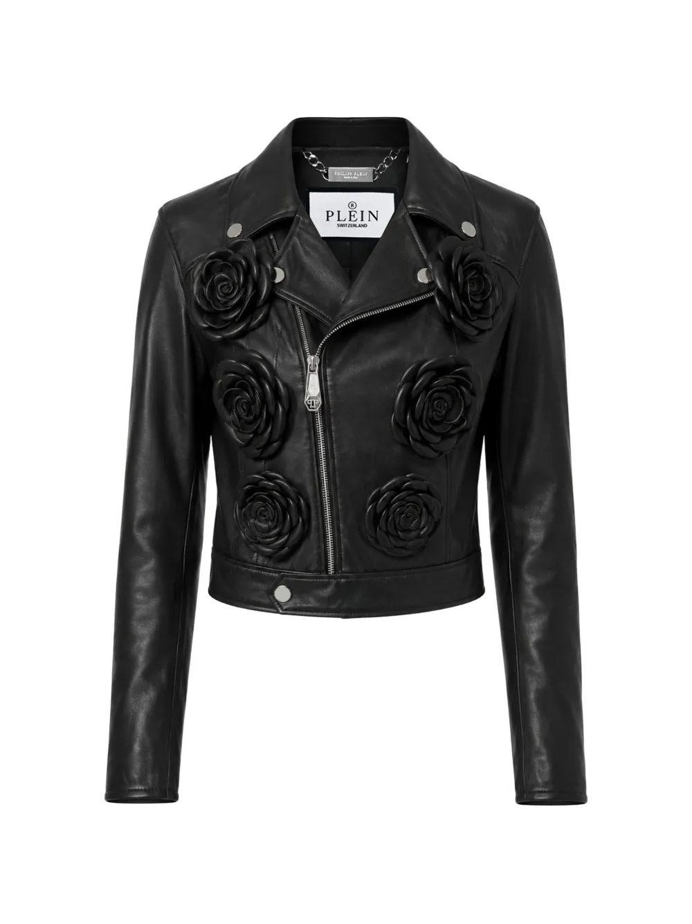 Philipp Plein Cropped bikerjack met bloem Zwart