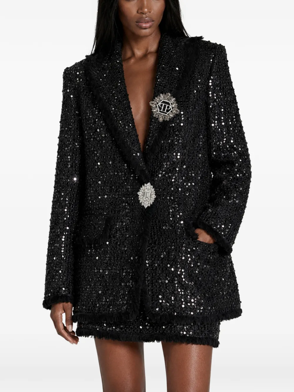 Philipp Plein Tweed boyfriend-fit blazer met pailletten Zwart