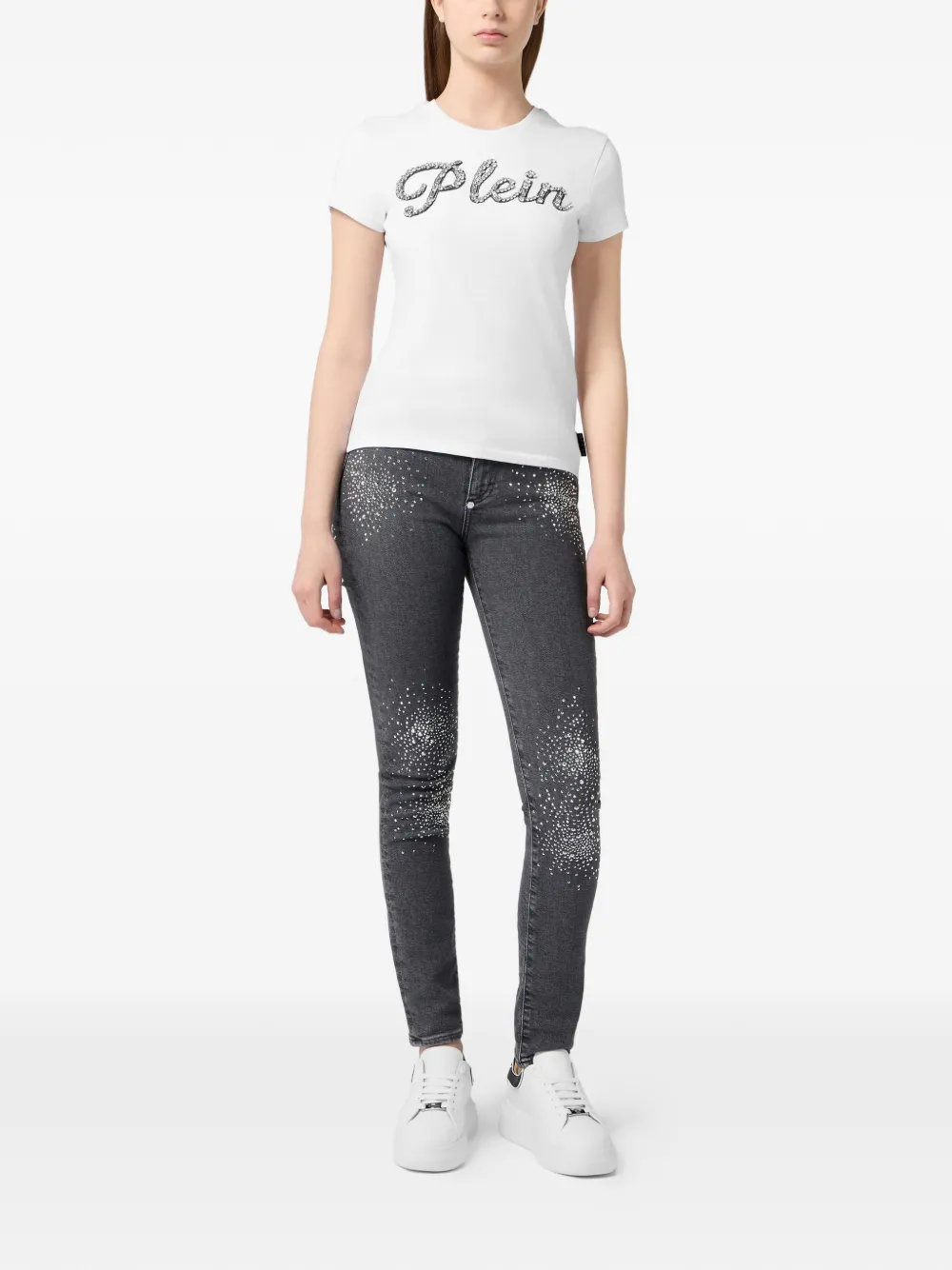 Philipp Plein T-shirt verfraaid met kristallen en logopatch Wit